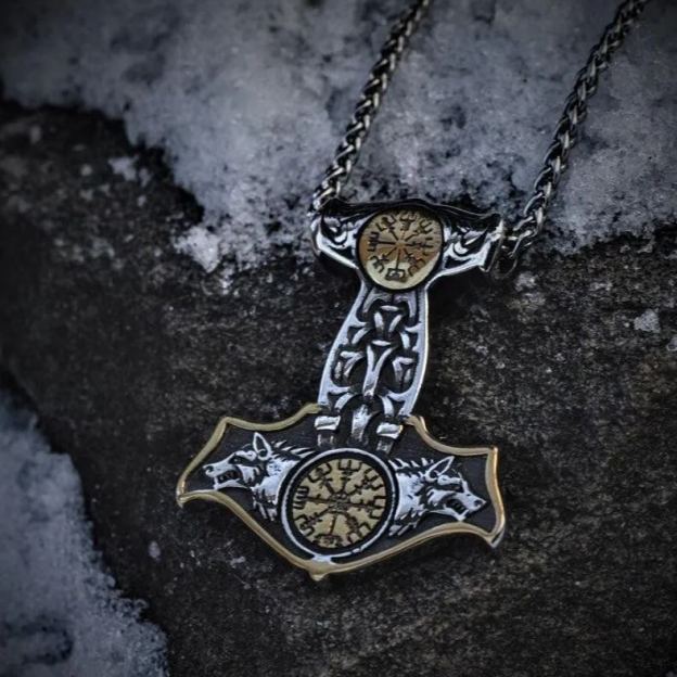 Double-sided Compass Mjolnir necklace