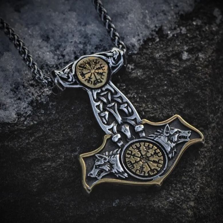 Double-sided Compass Mjolnir necklace