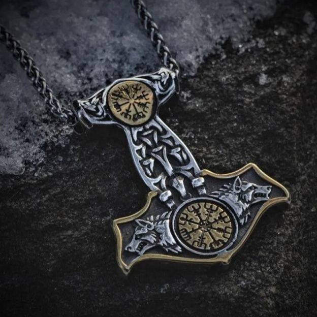 Double-sided Compass Mjolnir necklace