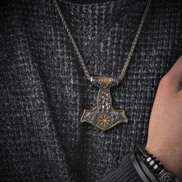 Double-sided Compass Mjolnir necklace