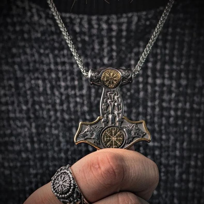 Double-sided Compass Mjolnir necklace