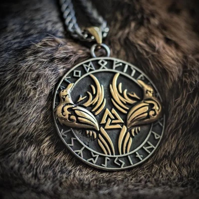 Odin's ravens Huginn and Muninn Runic Necklace