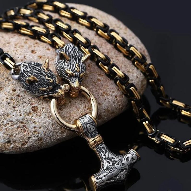 Black Gold King Chain - Wolves and Mjolnir Pendant