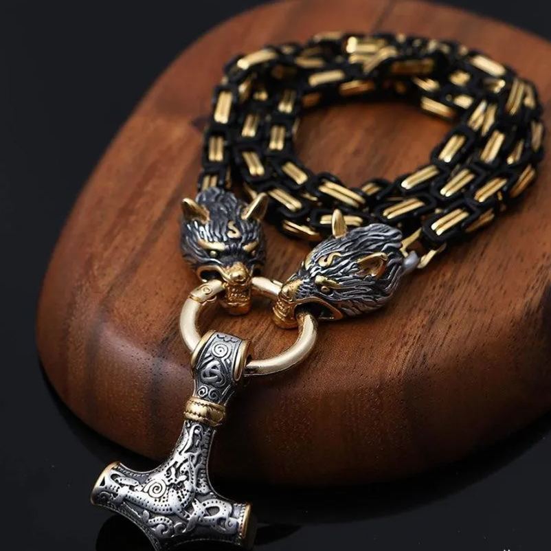 Black Gold King Chain - Wolves and Mjolnir Pendant