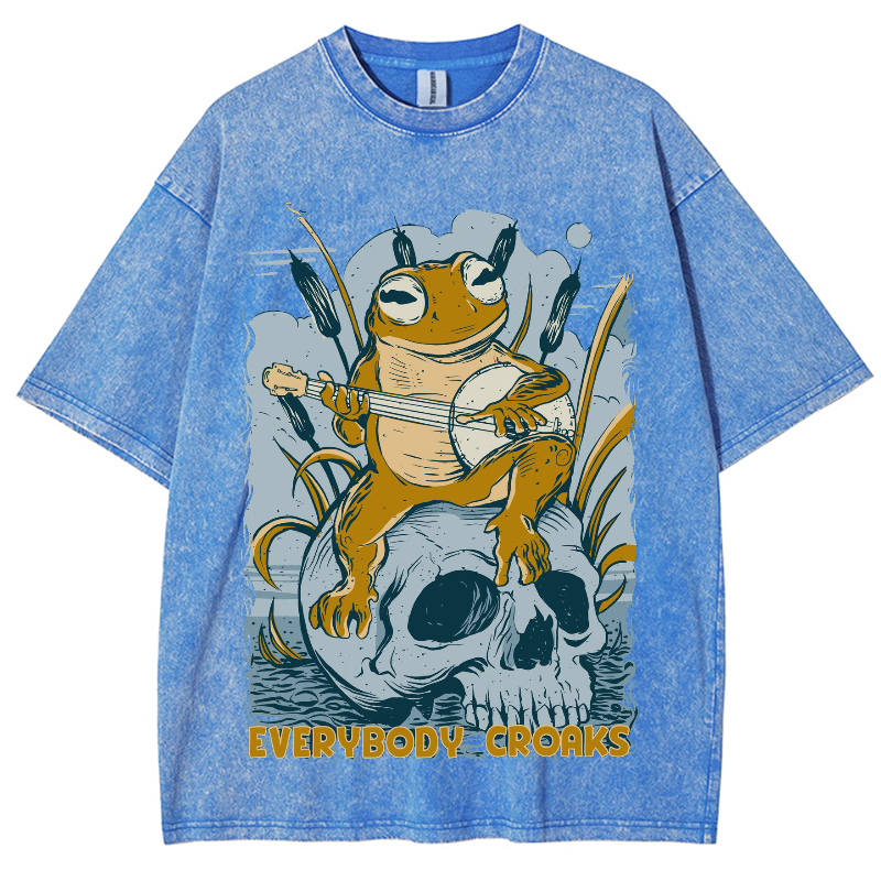 Rock Frog Skull Unisex Vintage Wash Denim T-Shirts-Print-cool