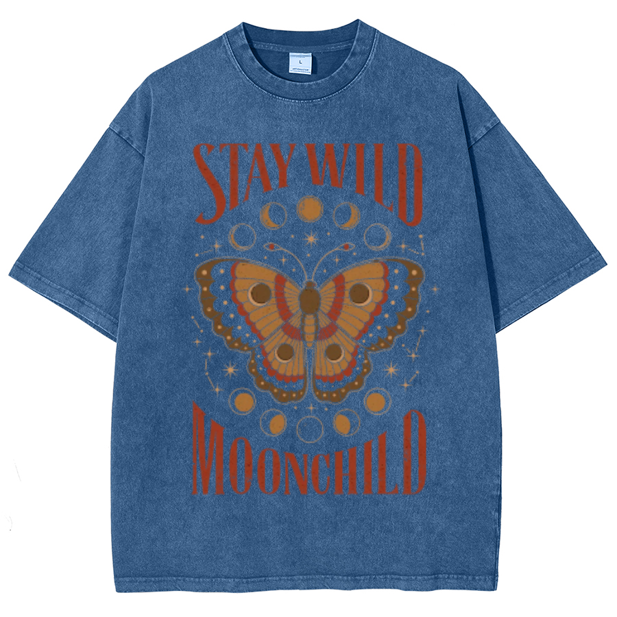 Stay Wild Unisex Oversized Print Vintage Wash Denim T-Shirt-Print-cool