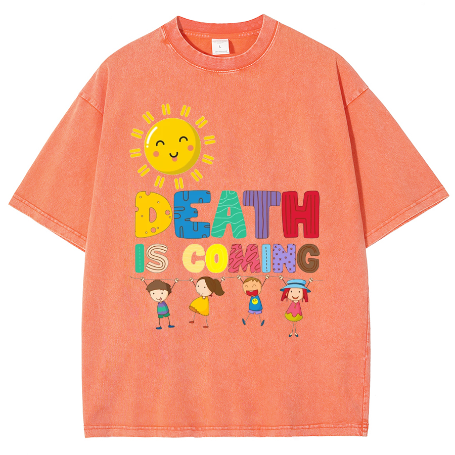 Death Is Coming Unisex Oversized Print Vintage Wash Denim T-Shirt