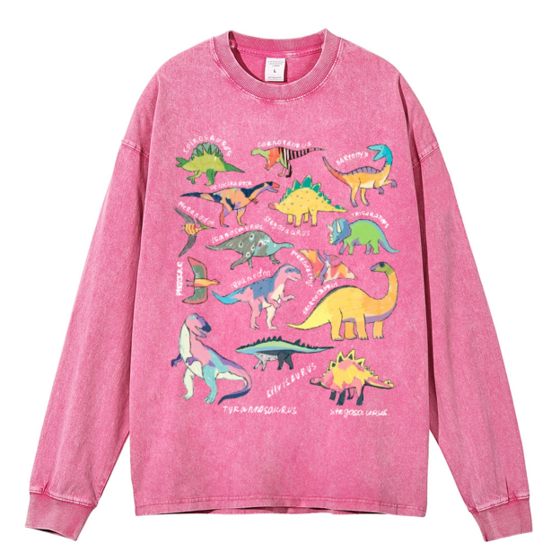 Types Of Dinosaur Unisex Casual Washed Printed Long Sleeve T-shirt
