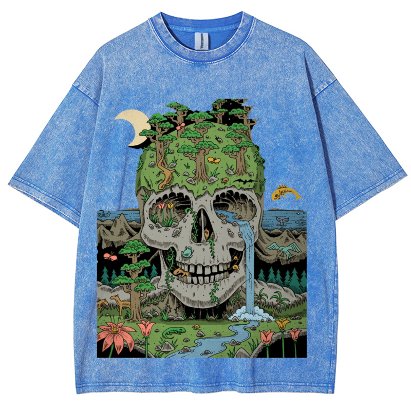 Skull Crying Unisex Vintage Solid Wash Denim T-Shirts-Print-cool