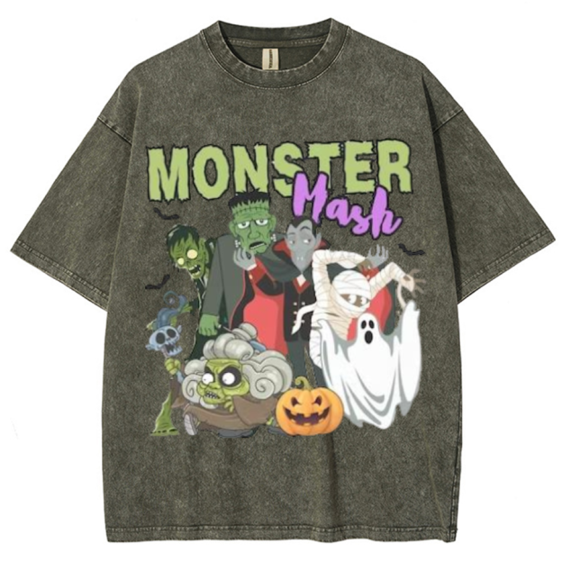 Monster Mash Unisex Printed Retro Washed Short Sleeved T-Shirt
