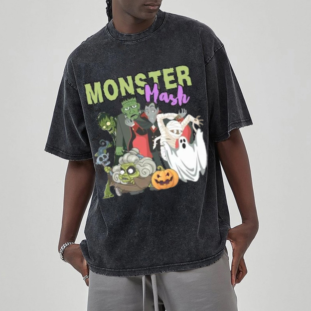 Monster Mash Unisex Printed Retro Washed Short Sleeved T-Shirt