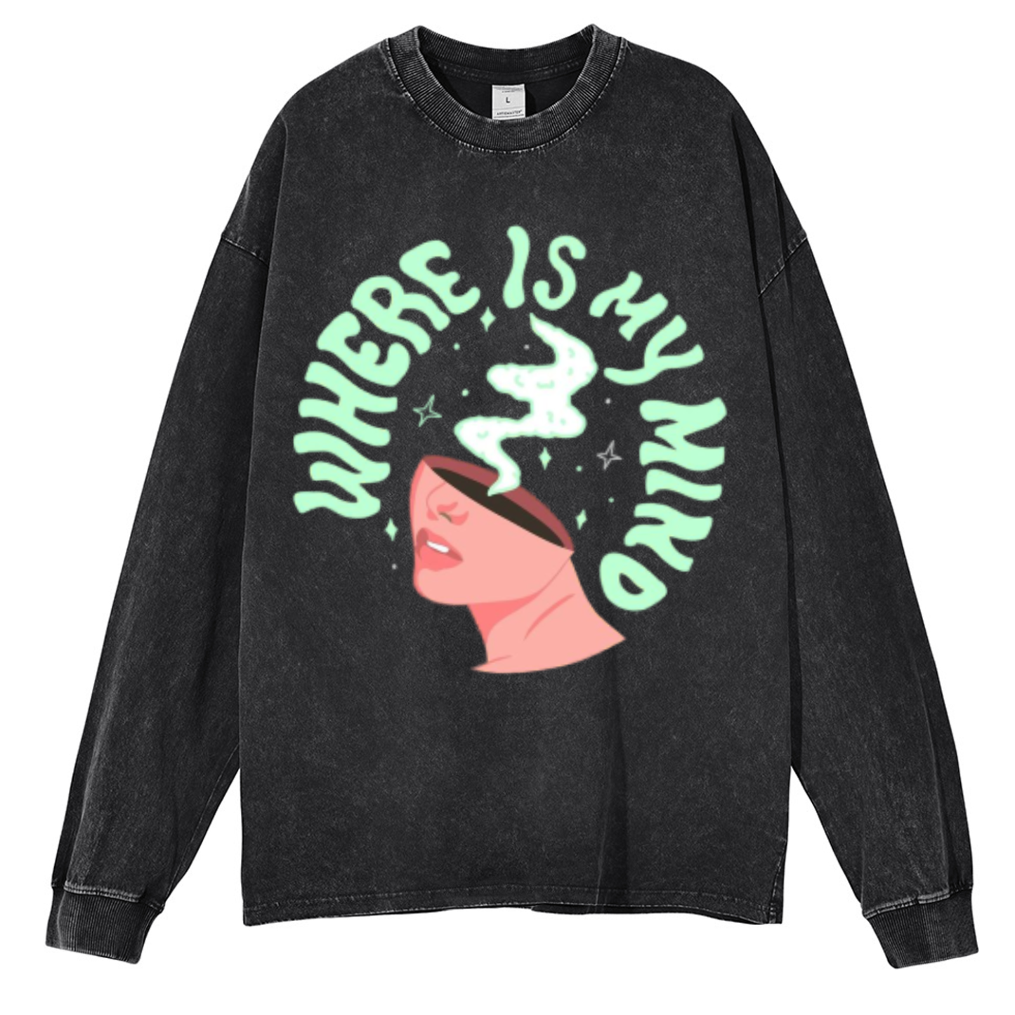 My Mind Unisex Casual Washed Printed Round Neck Long Sleeve T-shirt