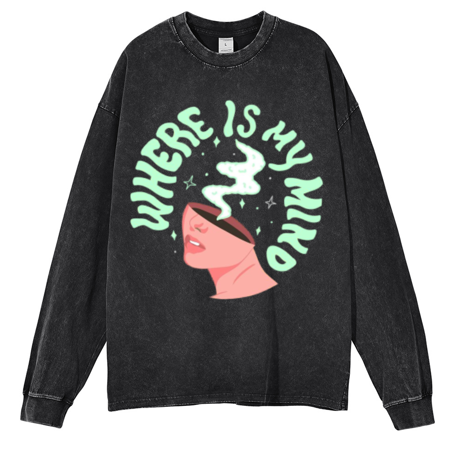 My Mind Unisex Casual Washed Printed Round Neck Long Sleeve T-shirt
