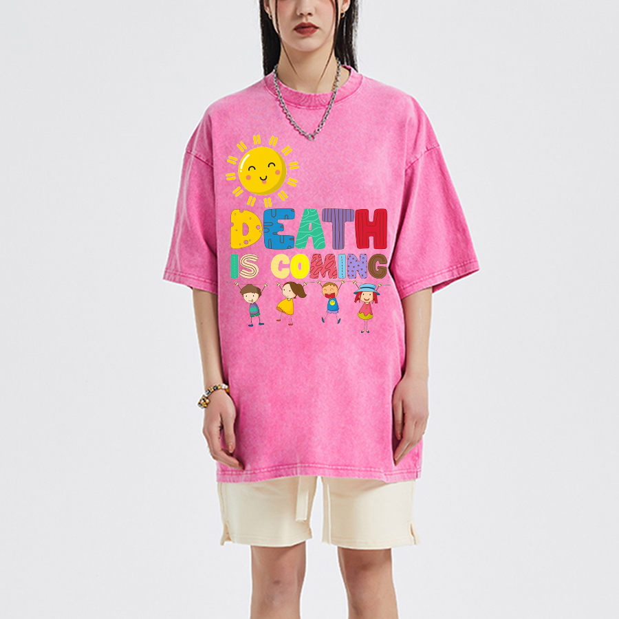 Death Is Coming Unisex Oversized Print Vintage Wash Denim T-Shirt