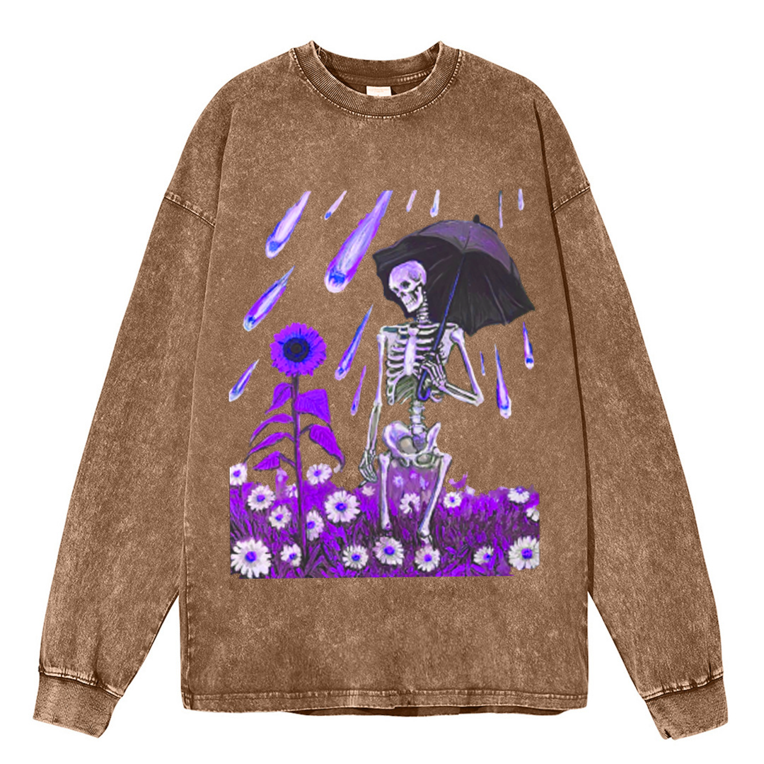Sunflower Skull Unisex Casual Washed Printed Round Neck Long Sleeve T-shirt
