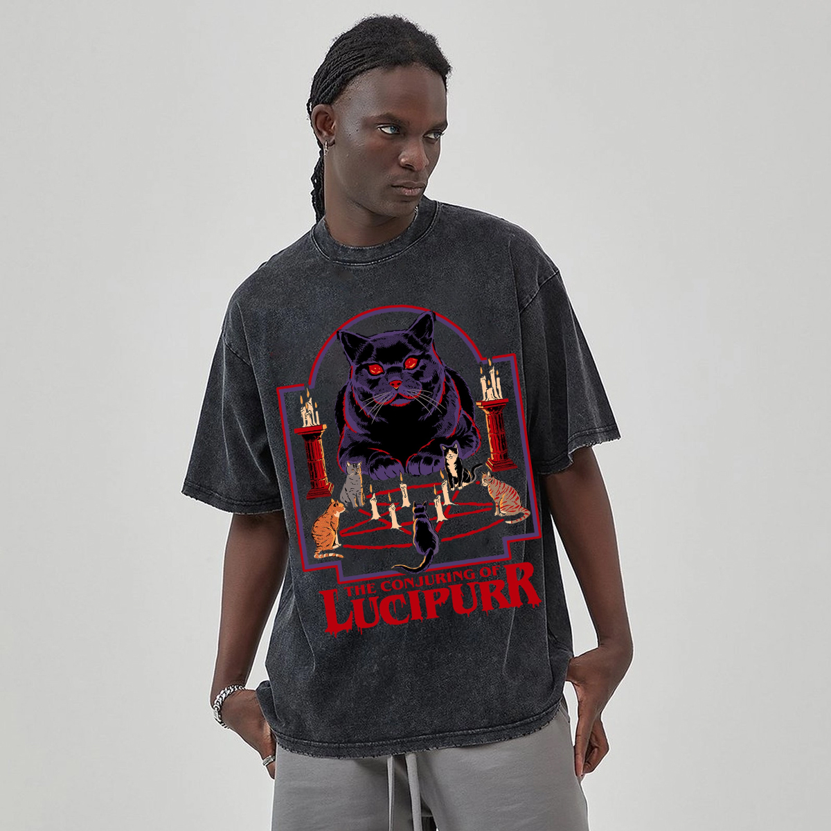 The Conjuring Of Lucipurr Unisex Vintage Solid Wash Denim T-Shirts-Print-cool