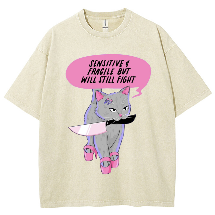 Sensitive Cat Unisex Printed Retro Washed Short Sleeved T-Shirt-Print-cool