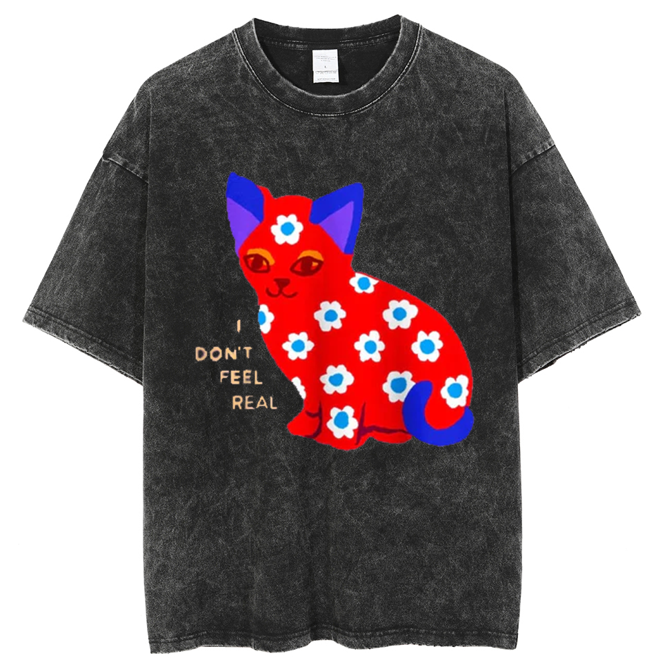 I Don't Feel Real Unisex Oversized Print Vintage Wash Denim T-Shirt