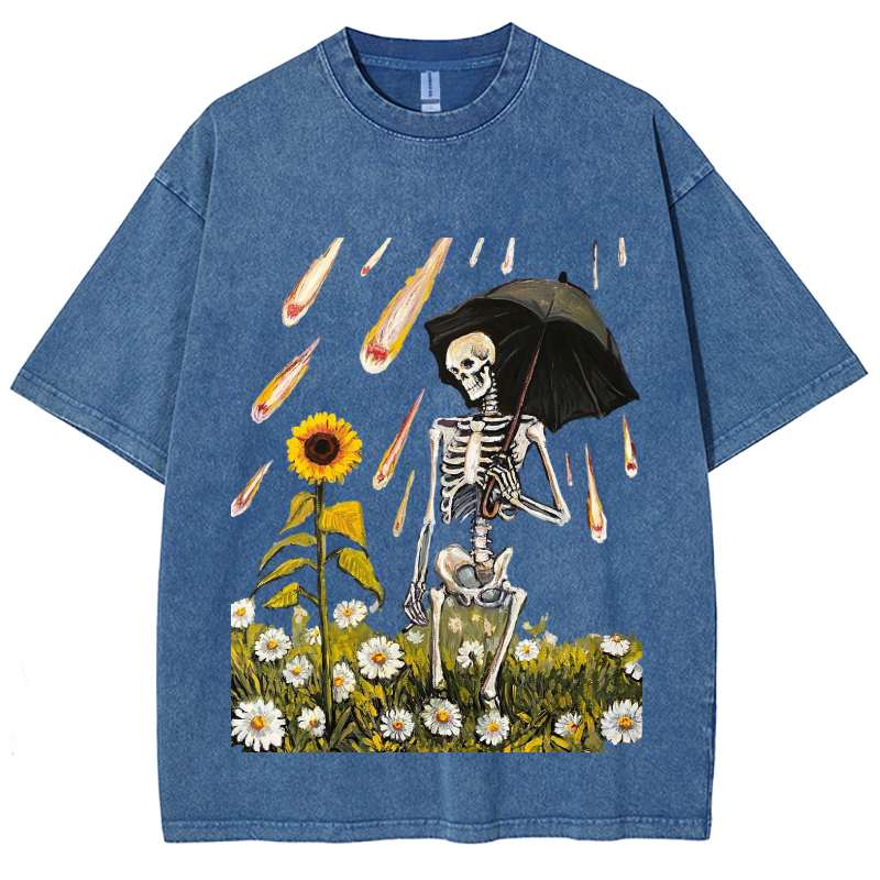 Sunflower Skull Unisex Vintage Wash Denim T-Shirts[💥Buy 4 get 5th 50%OFF]