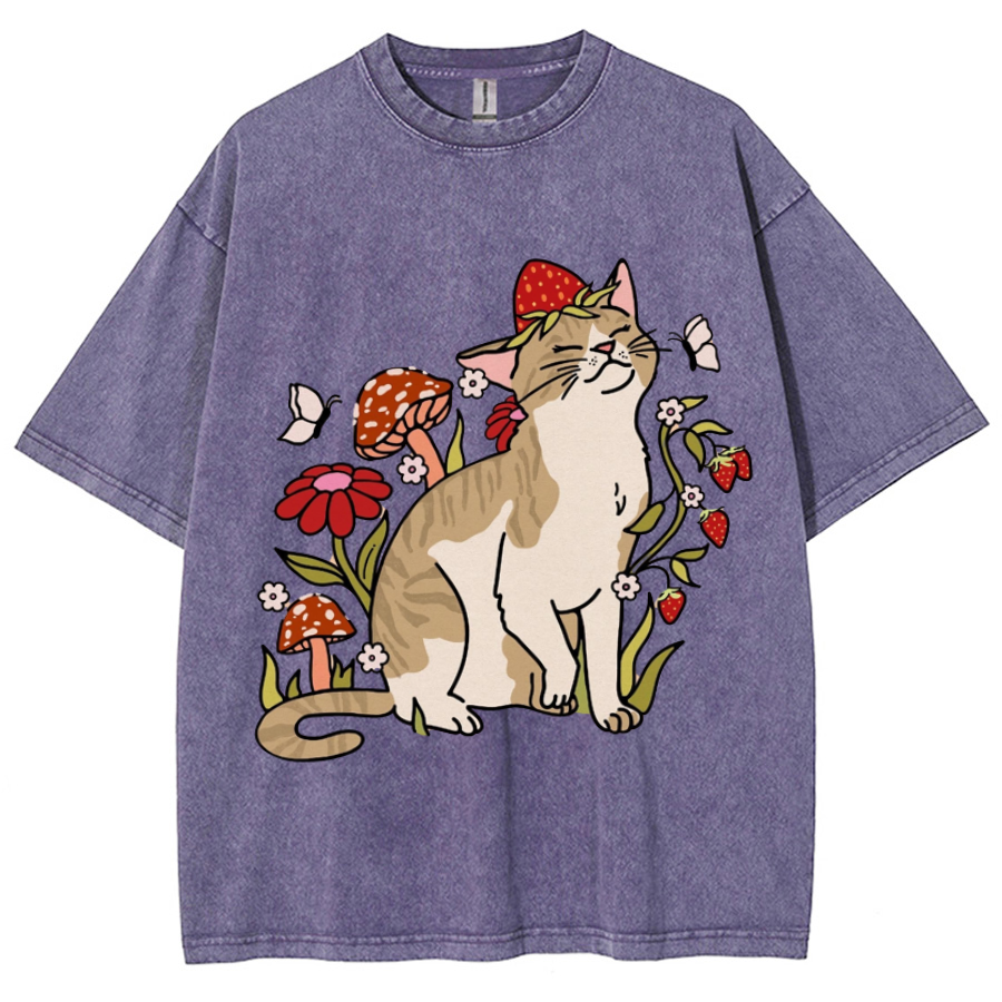 Cat And Plant Unisex Printed Retro Washed Short Sleeved T-Shirt-Print-cool