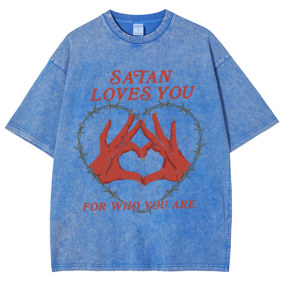 Satan Loves You Unisex Oversized Print Vintage Wash Denim T-Shirt
