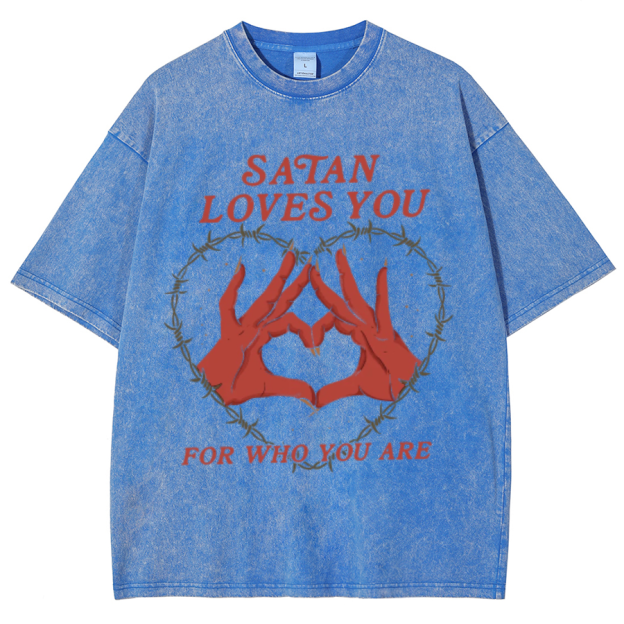 Satan Loves You Unisex Oversized Print Vintage Wash Denim T-Shirt