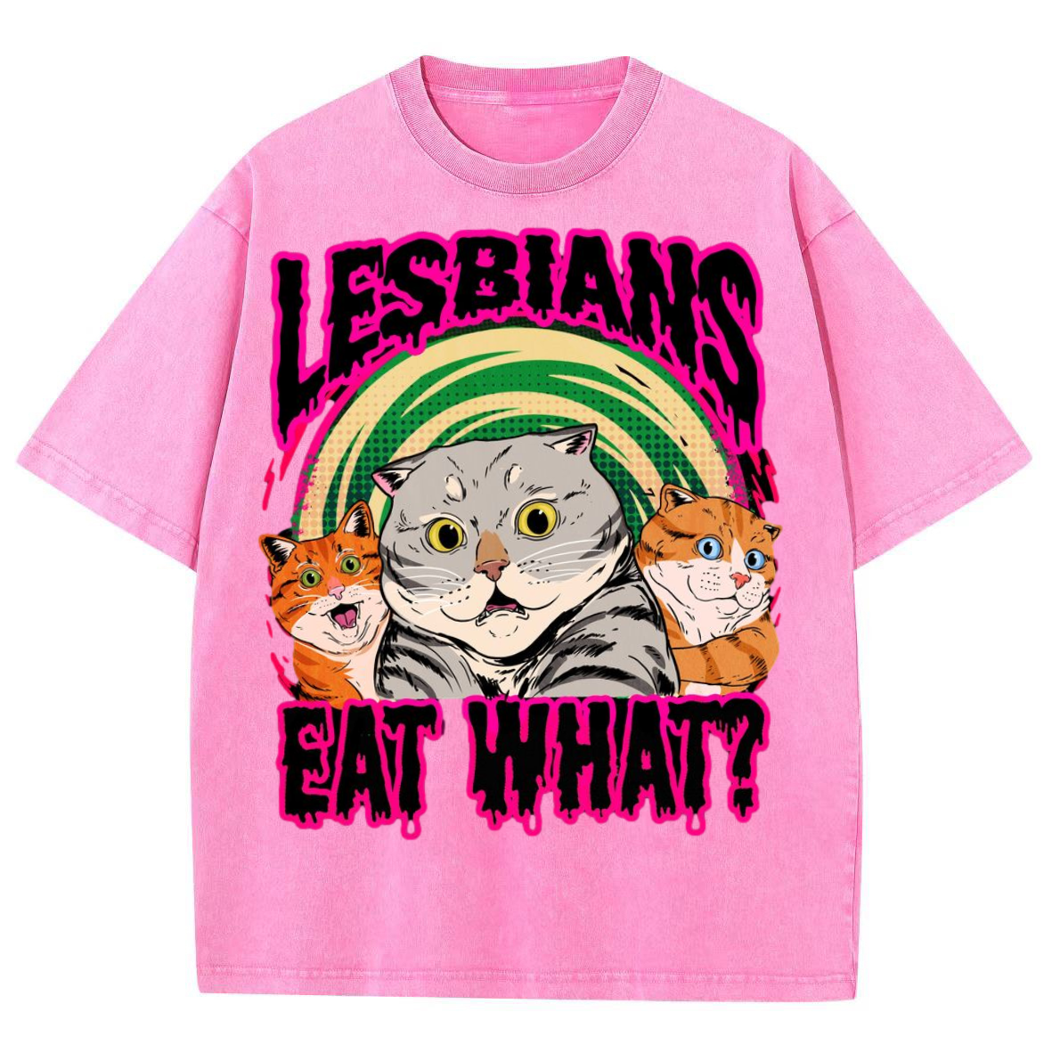 Eat What Lesbians Unisex Printed Retro Washed Short Sleeved T-Shirt