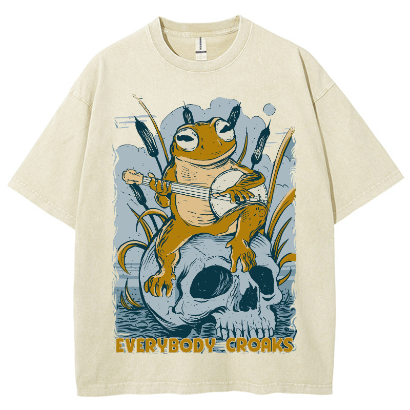 Rock Frog Skull Unisex Vintage Wash Denim T-Shirts-Print-cool