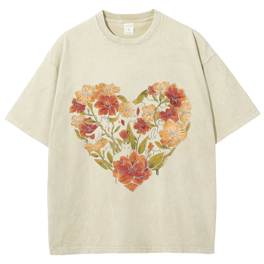 Flowers Cat Unisex Oversized Print Vintage Wash Denim T-Shirt-Print-cool