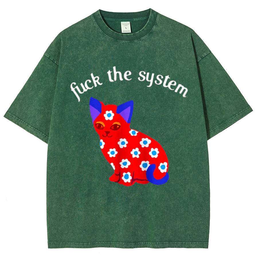 F The System Unisex Oversized Print Vintage Wash Denim T-Shirt-Print-cool