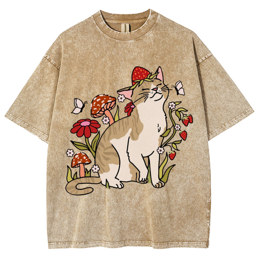 Cat And Plant Unisex Printed Retro Washed Short Sleeved T-Shirt-Print-cool