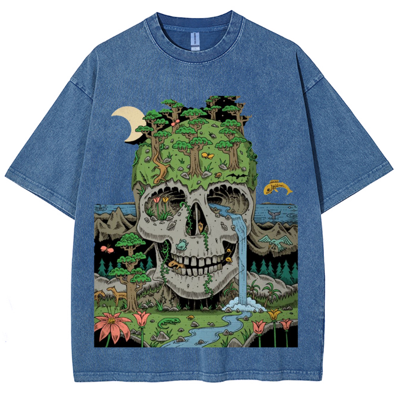 Skull Crying Unisex Vintage Solid Wash Denim T-Shirts-Print-cool