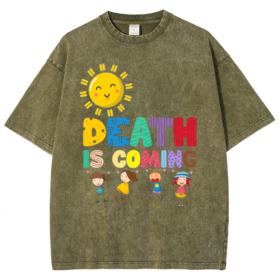 Death Is Coming Unisex Oversized Print Vintage Wash Denim T-Shirt