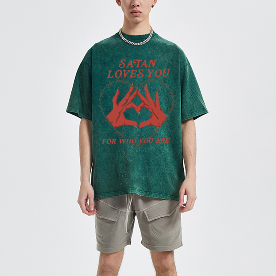Satan Loves You Unisex Oversized Print Vintage Wash Denim T-Shirt
