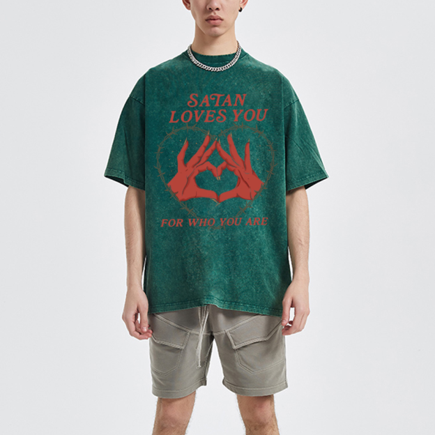 Satan Loves You Unisex Oversized Print Vintage Wash Denim T-Shirt