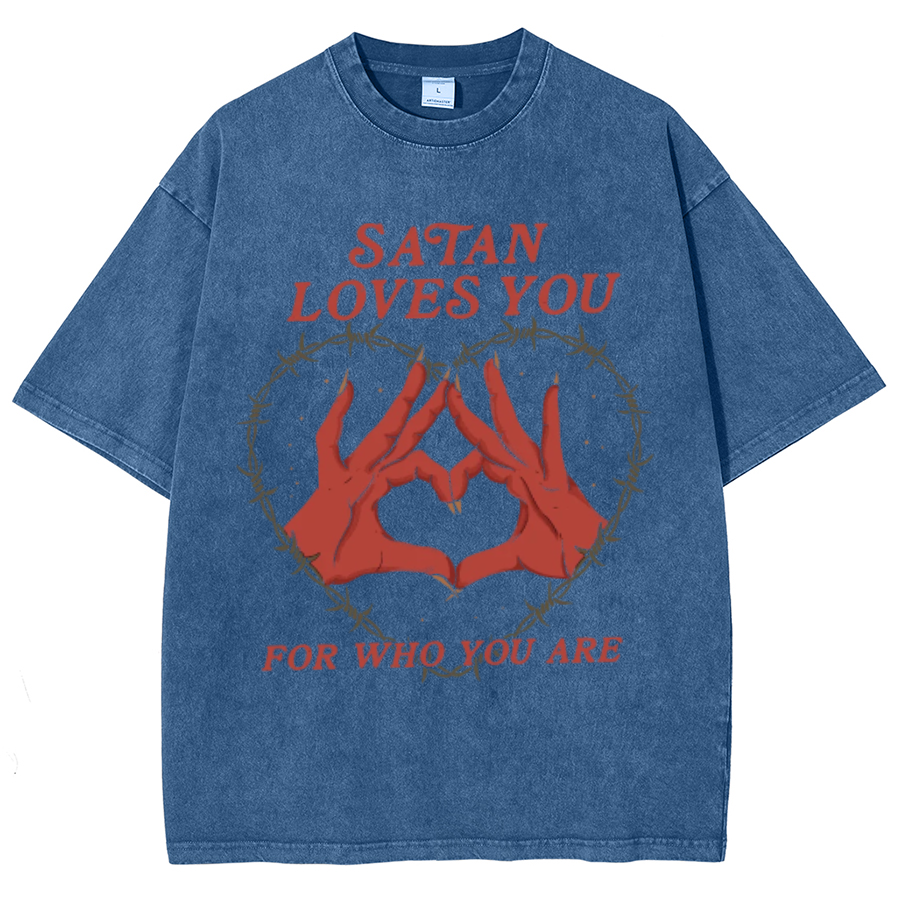 Satan Loves You Unisex Oversized Print Vintage Wash Denim T-Shirt