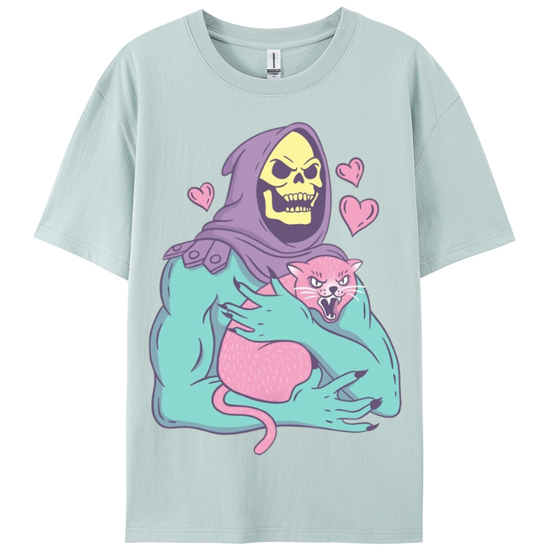 Funny Skull Cat Women Round Neck Casual Short Sleeve T-Shirt