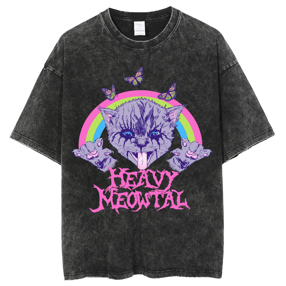 Heavy Meowtal Unisex Printed Retro Washed Short Sleeved T-Shirt-Print-cool