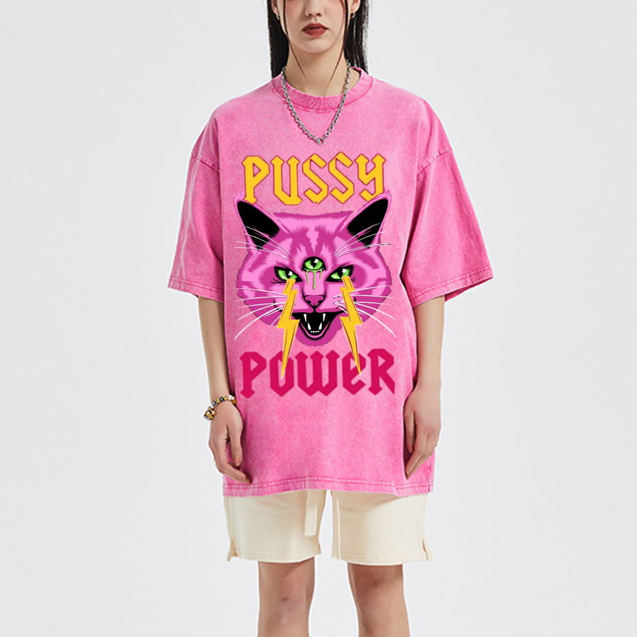 Pussy Power Unisex Oversized Print Vintage Wash Denim T-Shirt