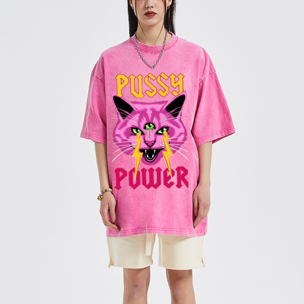 Pussy Power Unisex Oversized Print Vintage Wash Denim T-Shirt