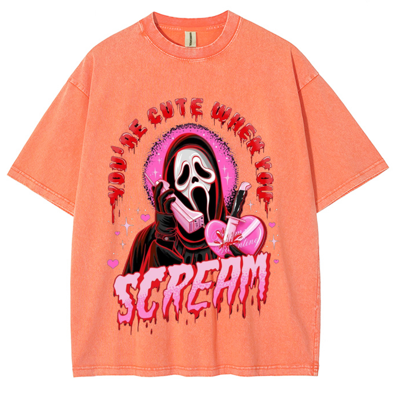Cute Scream Unisex Vintage Solid Wash Denim T-Shirts