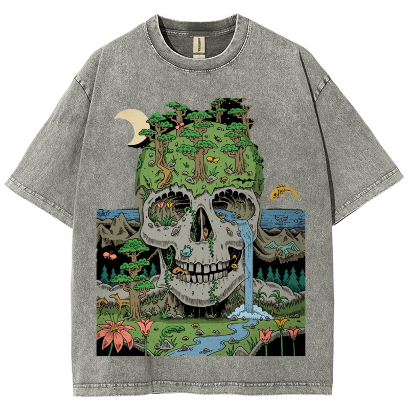 Skull Crying Unisex Vintage Solid Wash Denim T-Shirts-Print-cool
