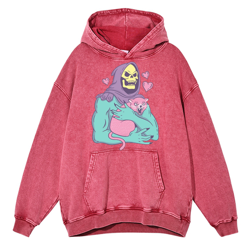 Funny Skull Cat Unisex Printed Casual Washed Hoodie Sweatshirt