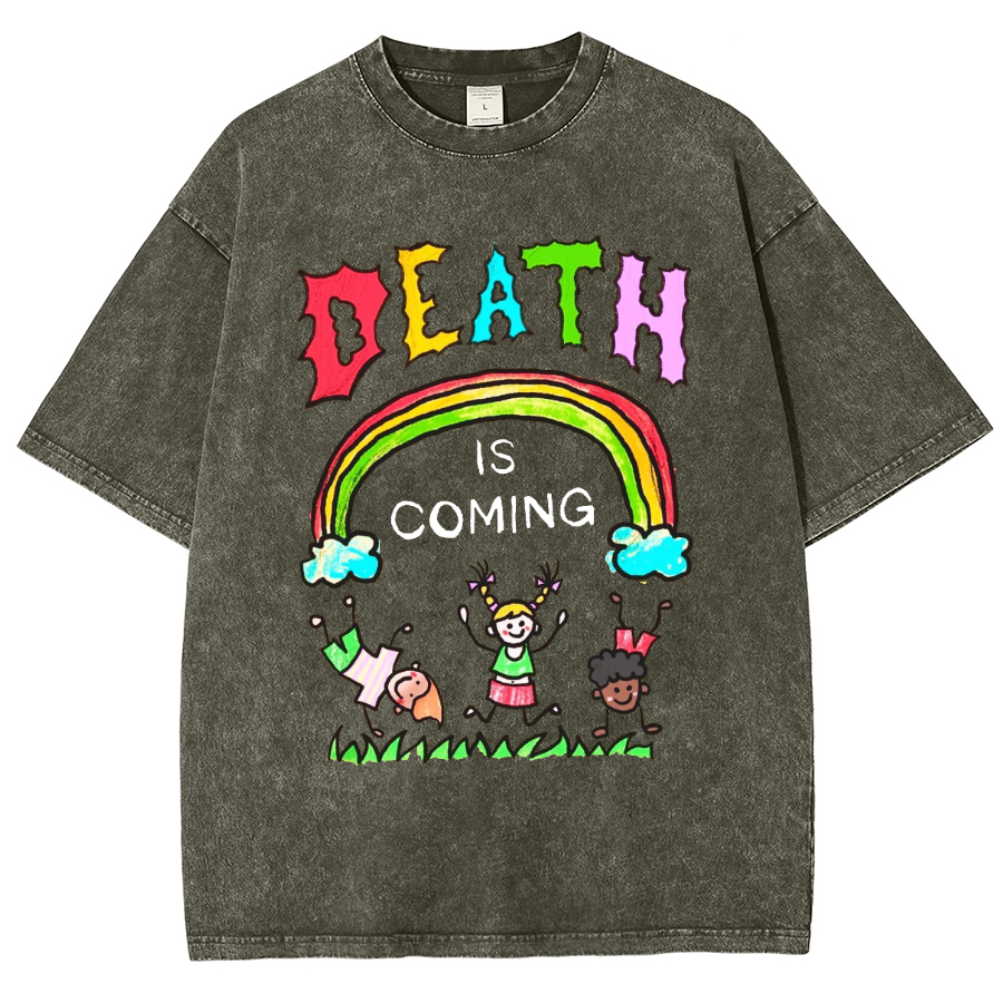 Death Is Coming Unisex Oversized Print Vintage Wash Denim T-Shirt