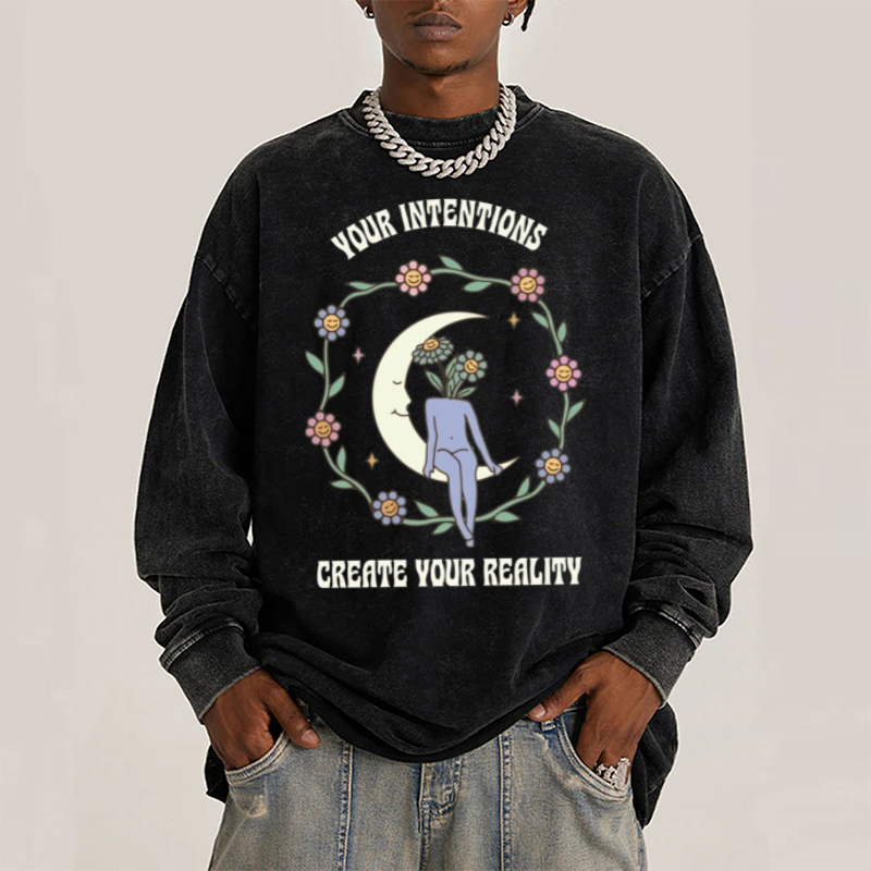 Your Intentions Unisex Casual Washed Printed Round Neck Long Sleeve T-shirt