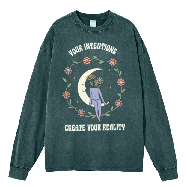 Your Intentions Unisex Casual Washed Printed Round Neck Long Sleeve T-shirt