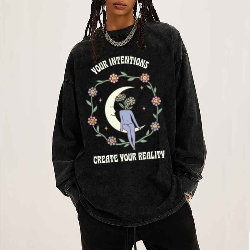 Your Intentions Unisex Casual Washed Printed Round Neck Long Sleeve T-shirt