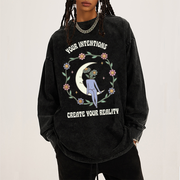 Your Intentions Unisex Casual Washed Printed Round Neck Long Sleeve T-shirt