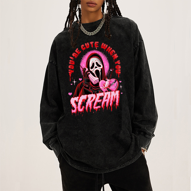 Cute Scream Unisex Washed Printed Round Neck Long Sleeve T-Shirt