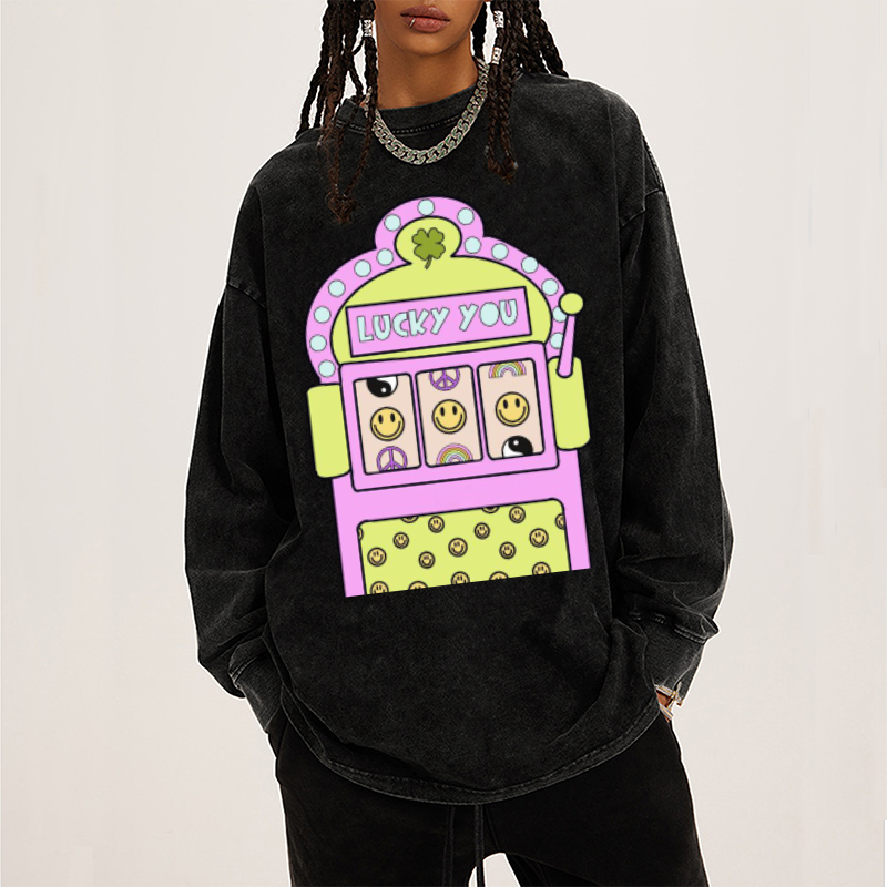 Lucky You Unisex Casual Washed Printed Round Neck Long Sleeve T-shirt